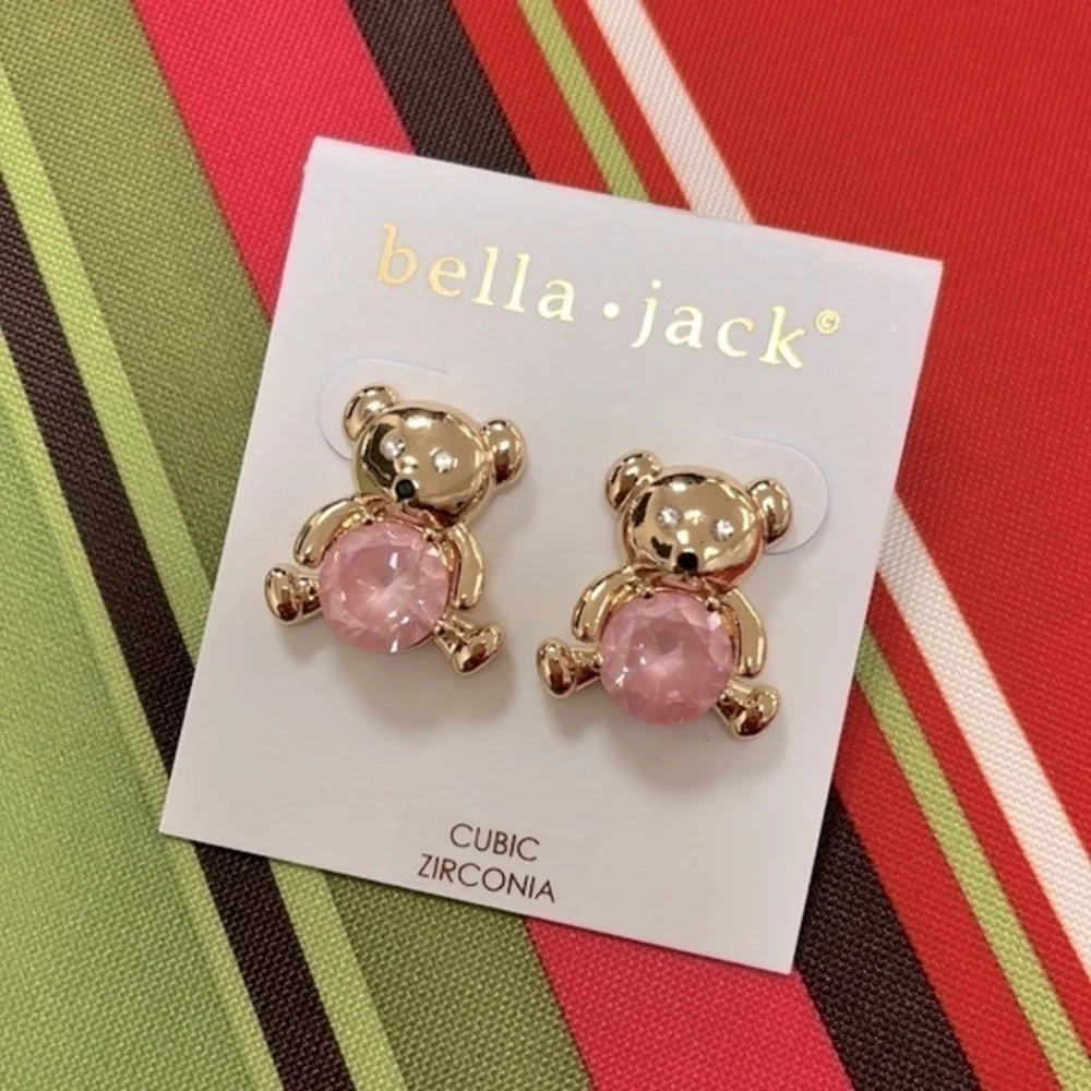 Brand New Bella Jack Teddy Bear Post Earring Gold Tone w/ Pink Stone